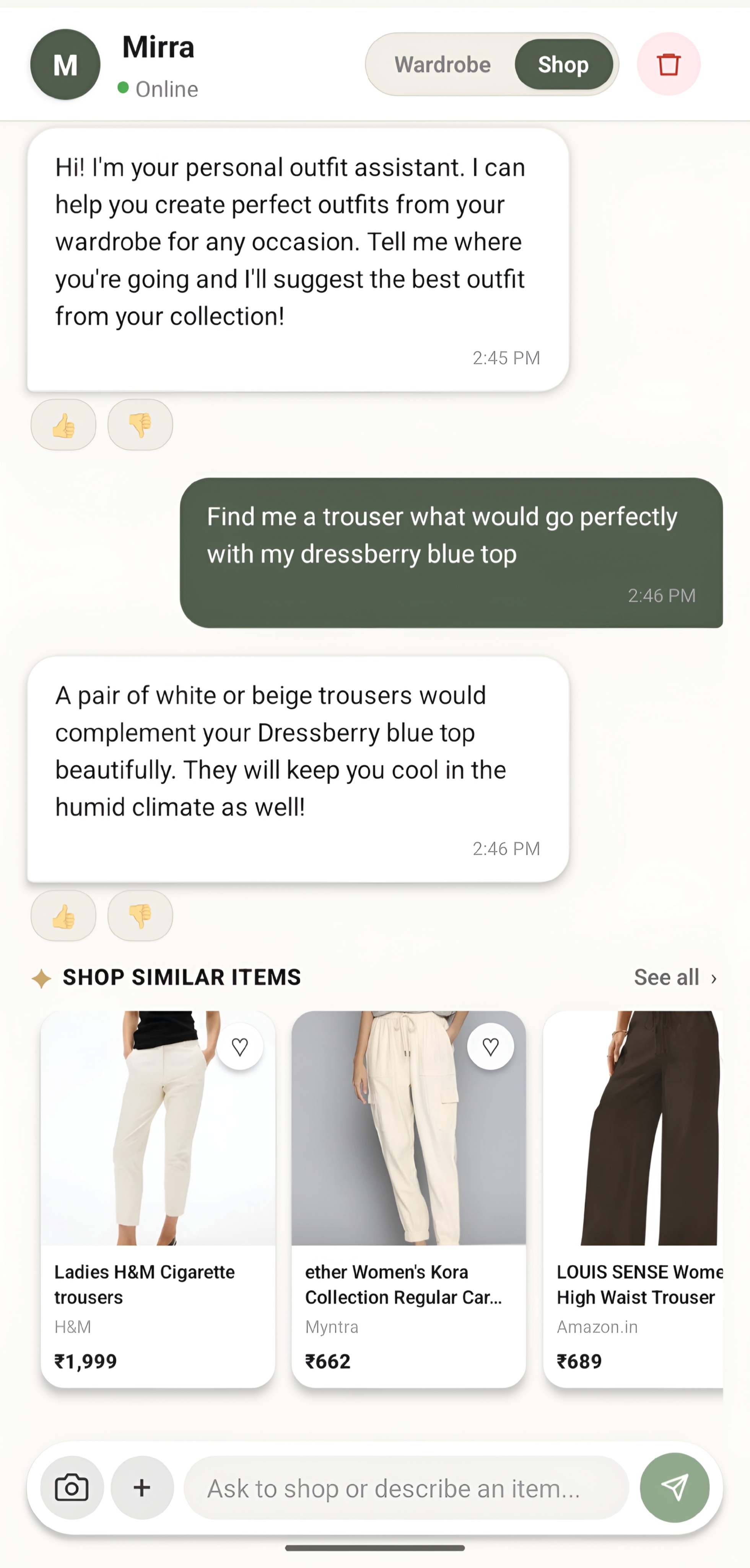 Mirra AI stylist chat suggesting a trouser to pair with a top