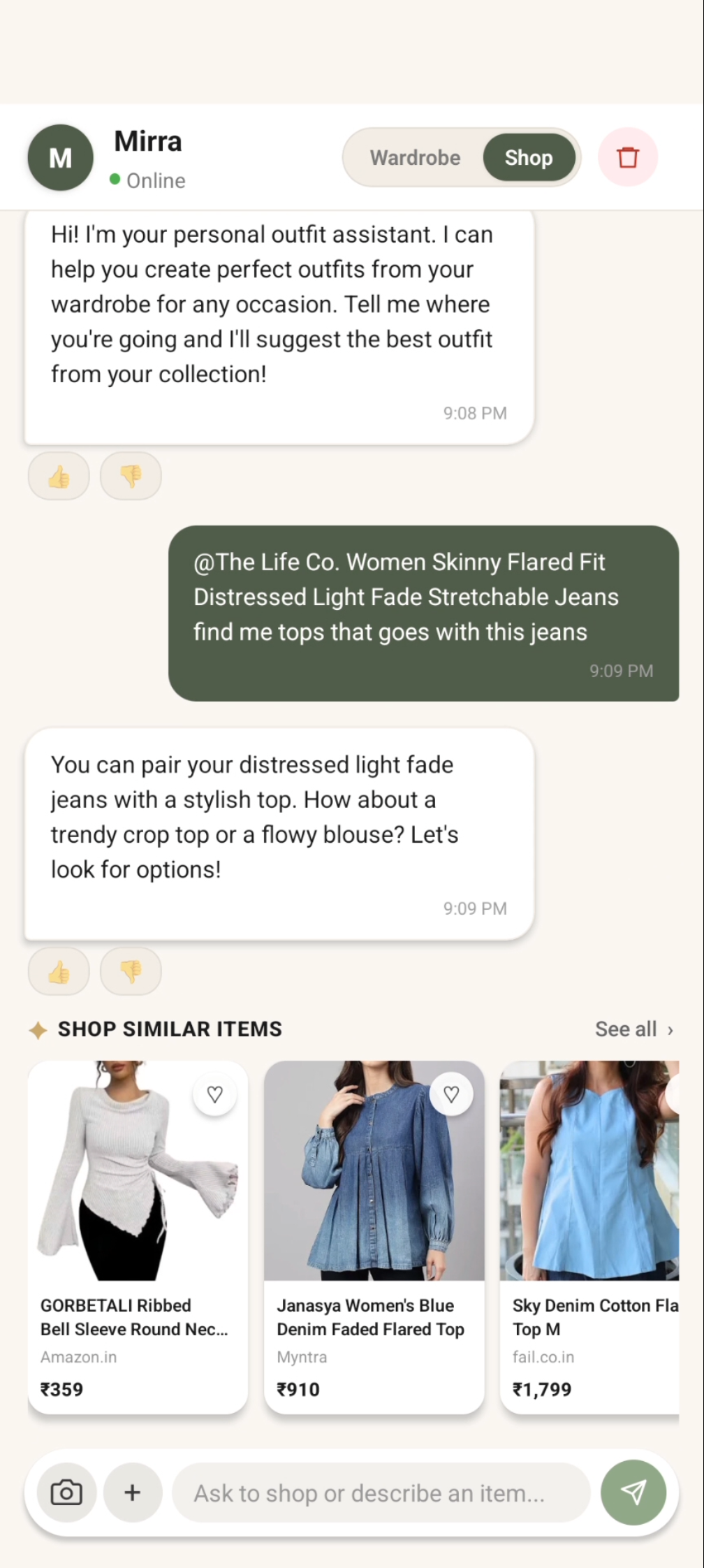Mirra AI stylist chat suggesting tops that match a pair of jeans