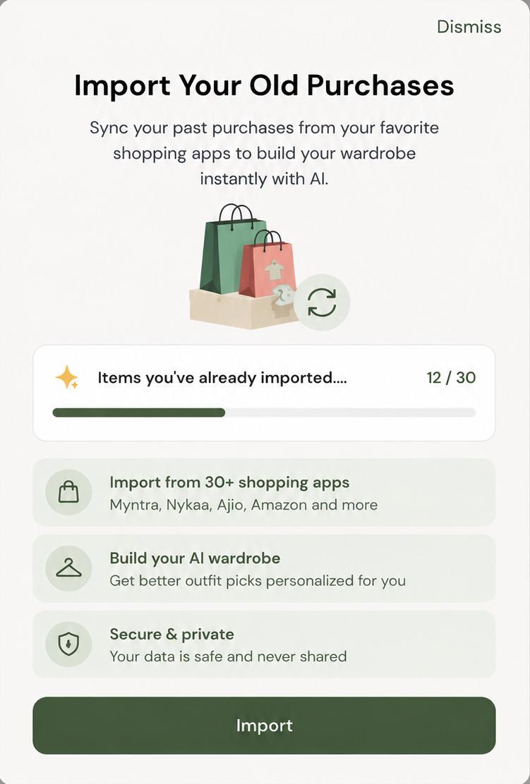 Import your old purchases screen, syncing items from shopping apps